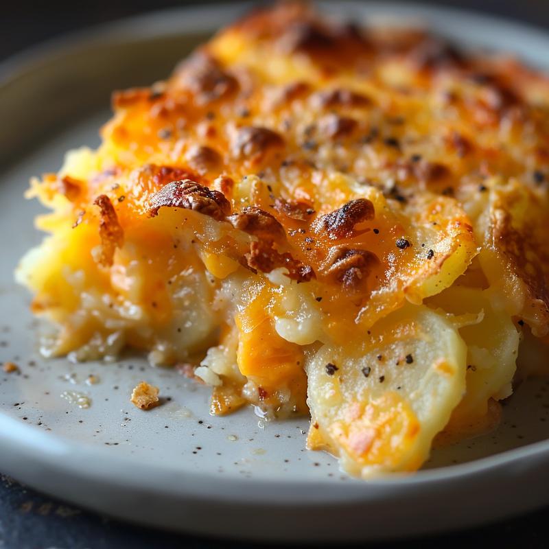 Close-up of a cheesy cheddar hash brown potato casserole on a wooden board.