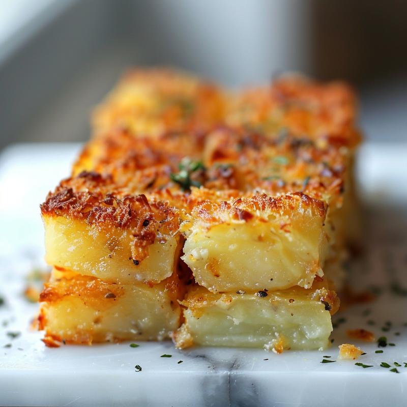 Close-up of creamy potato casserole with a golden crust on a white marble surface.