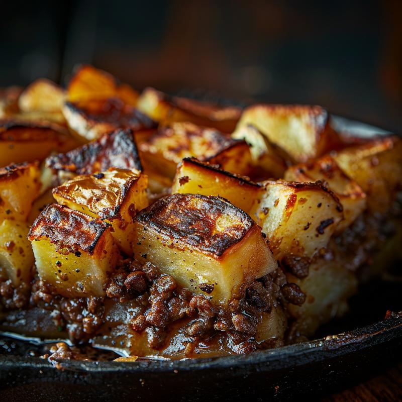 A close-up view of a serving of ground beef and potatoes casserole on a rustic cast iron surface.