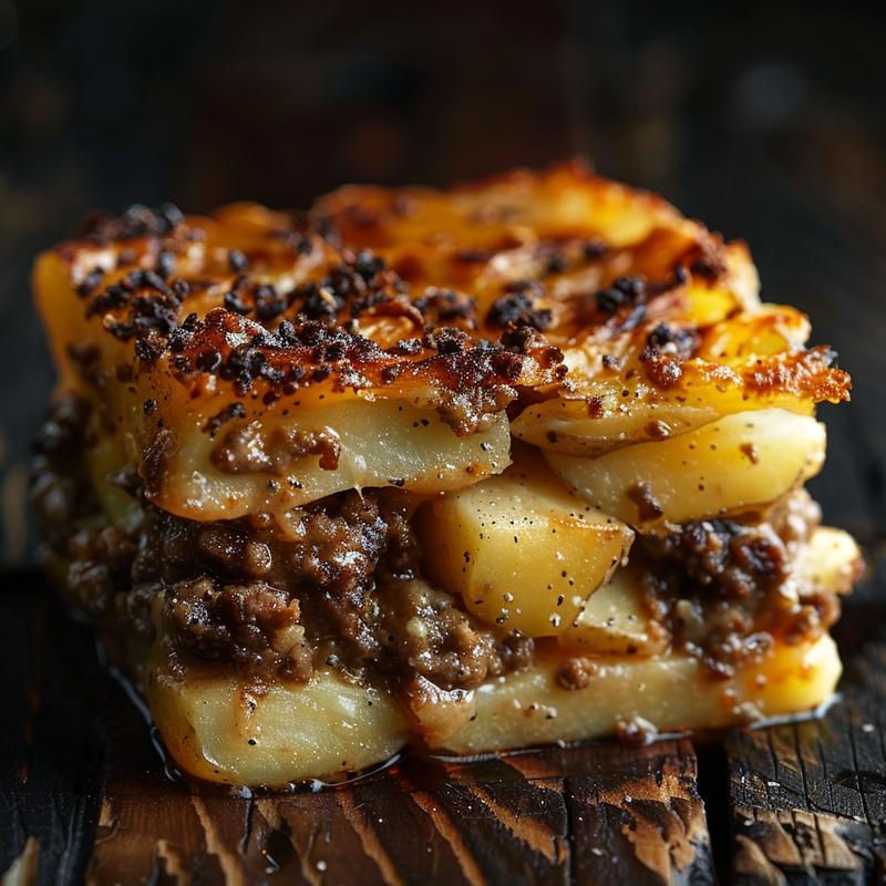 Close-up image of a portion of hamburger potato casserole highlighting its layers and textures on a dark wooden table.