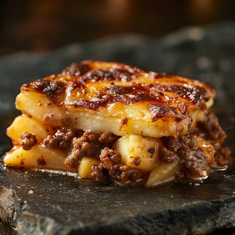 Close-up of a serving of hamburger potato casserole with a creamy texture, featuring ground meat and sliced potatoes.