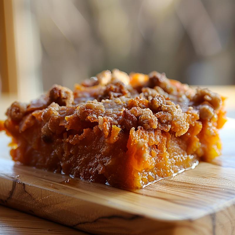 Close-up of a creamy sweet potato casserole made with canned yams, served on a light wood board.