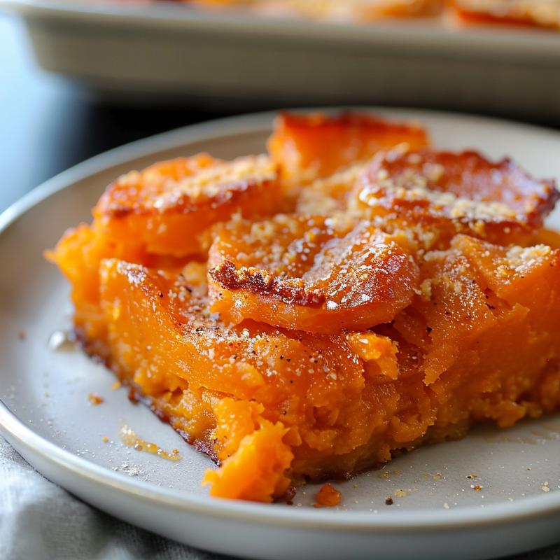 Close-up of a creamy sweet potato casserole topped with marshmallows on a grey plate.