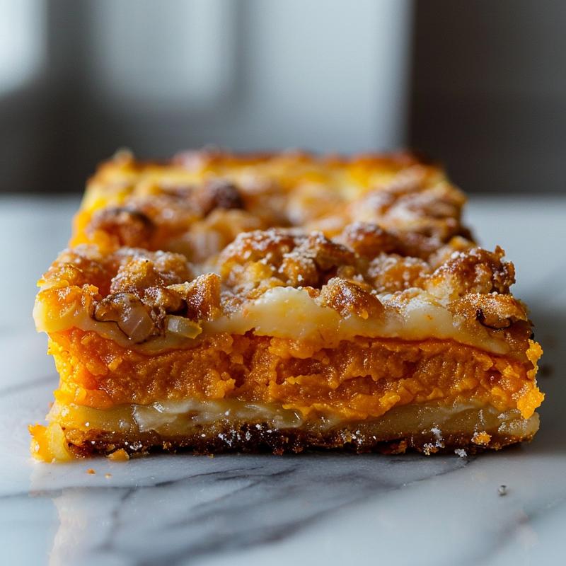 Close-up of a portion of sweet potato casserole with a golden-brown topping on a white marble surface.