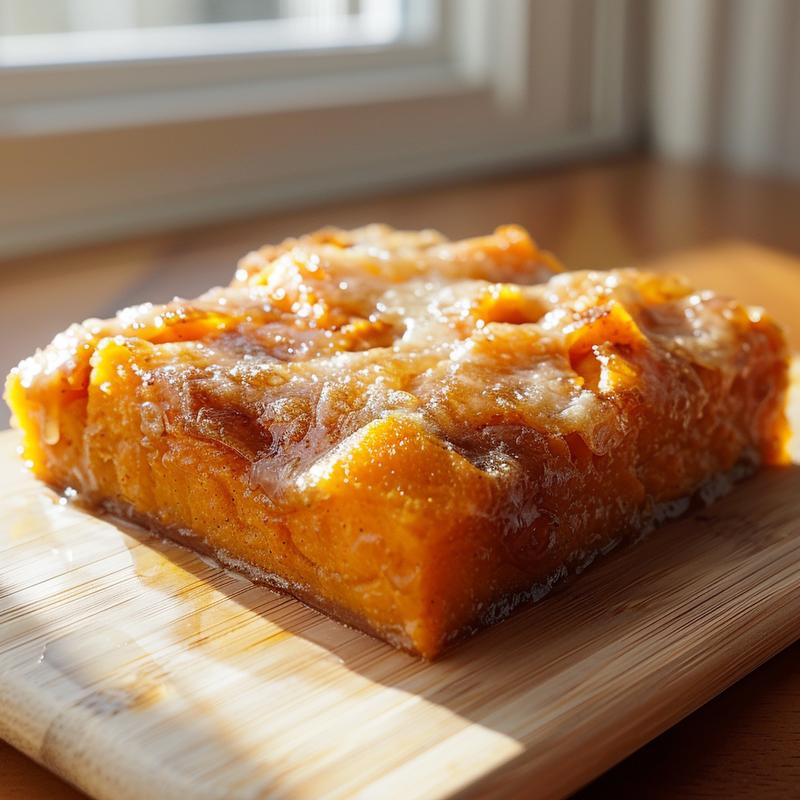 Close-up of a delicious portion of sweet potato casserole on a light wooden board.