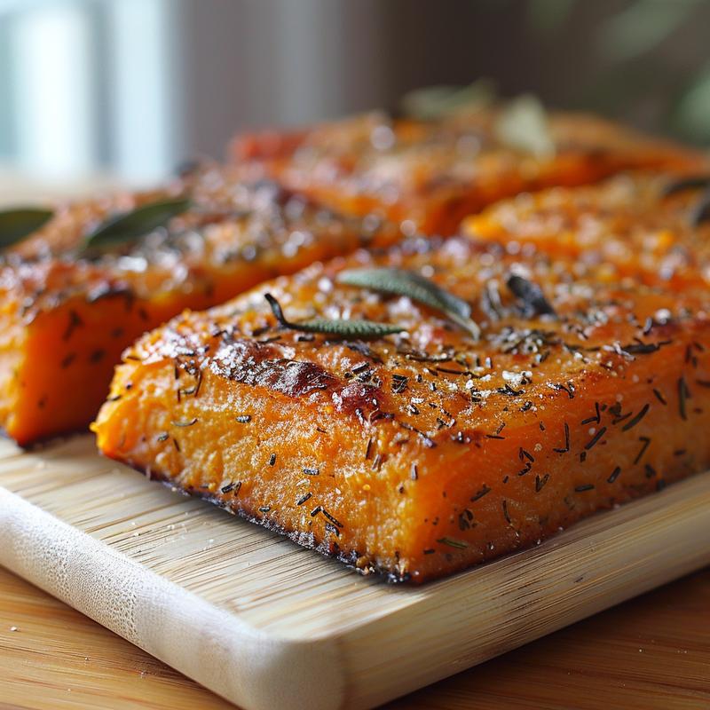 Close-up of a perfectly baked rosemary sage sweet potato casserole on a wooden board.