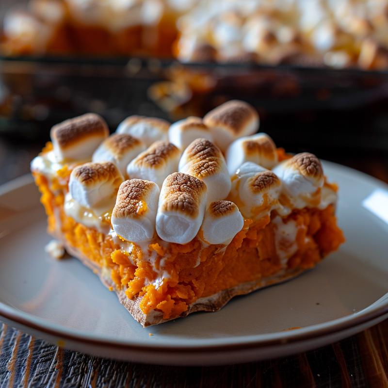 A close-up view of a portion of sweet potato casserole topped with golden marshmallows on a light grey ceramic plate.