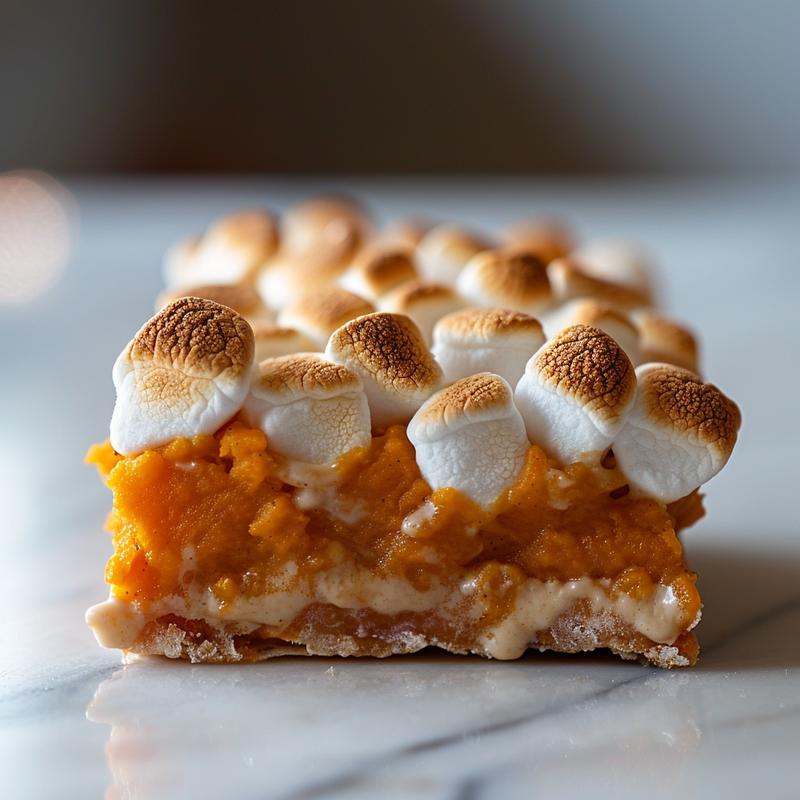 Close-up of a creamy sweet potato casserole topped with golden marshmallows, beautifully styled on a marble surface.