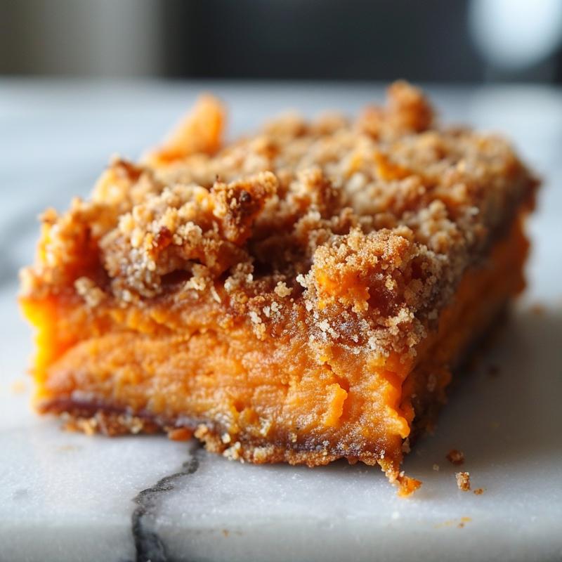 Close-up view of a served portion of healthier sweet potato casserole on a marble surface.