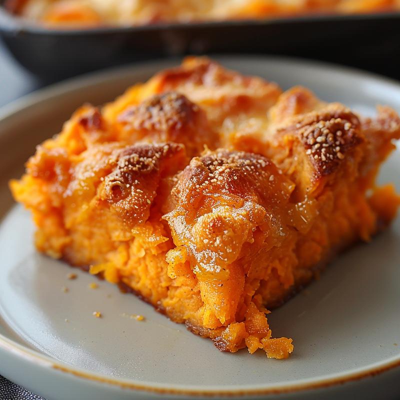 Close-up of a portion of healthier sweet potato casserole on a light grey plate.