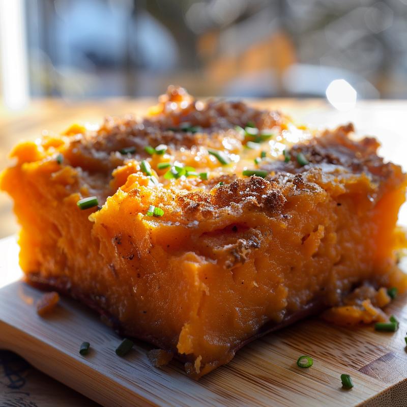 Close-up of a savory sweet potato casserole with a golden-brown topping on a wooden board.