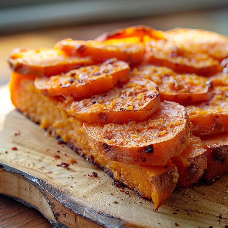 Close-up of a creamy sweet potato casserole with a golden-brown topping on a wooden board.