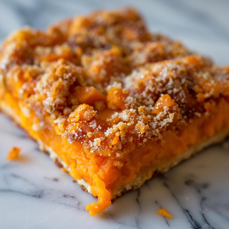Close-up of a portion of sweet potato casserole with a creamy texture and golden-brown topping.