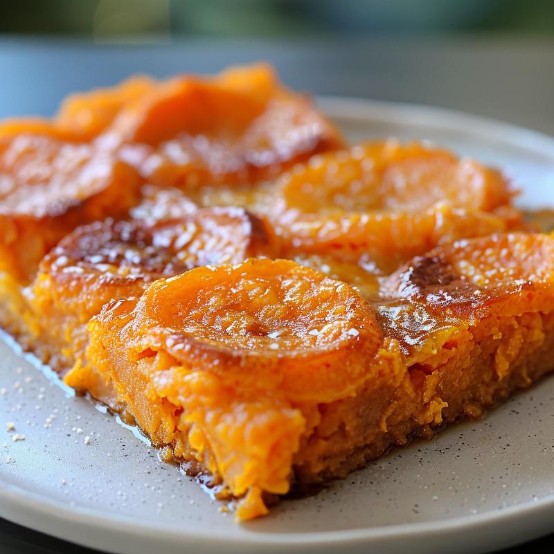 Close-up of a creamy, golden-brown southern sweet potato casserole on a light grey plate.