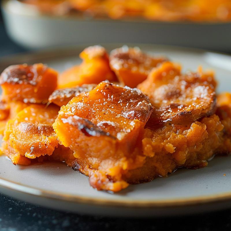 A close-up of a creamy sweet potato casserole on a light grey ceramic plate, showcasing its texture.
