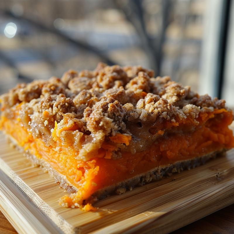 Close-up of a portion of sweet potato streusel casserole on a wooden board.