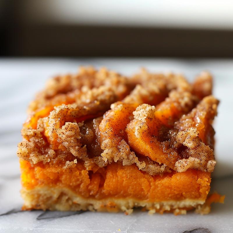 Close-up of a portion of cinnamon streusel swirled maple sweet potato casserole on a white marble surface.