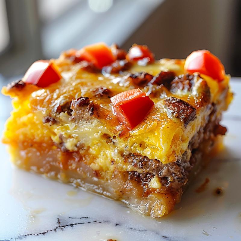 Close-up of a delicious portion of breakfast casserole on a white marble surface.