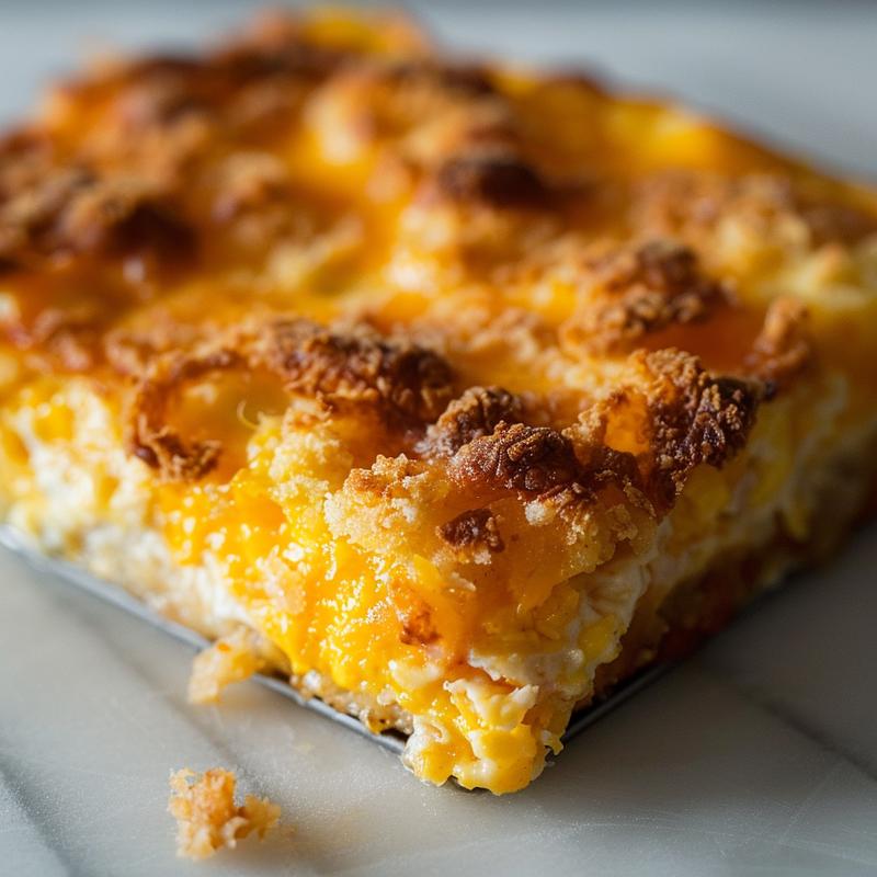A close-up of a cheesy breakfast casserole with a golden top, showcasing its savory ingredients.