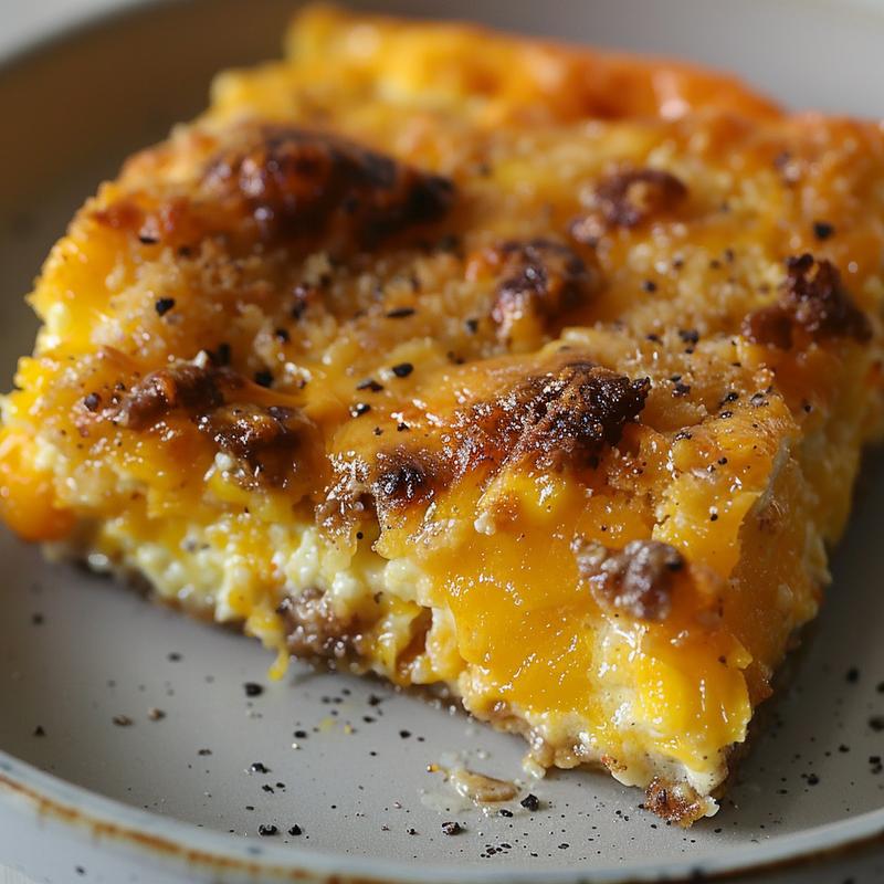 Close-up of a cheesy breakfast casserole on a light grey plate, showcasing texture and savory ingredients.