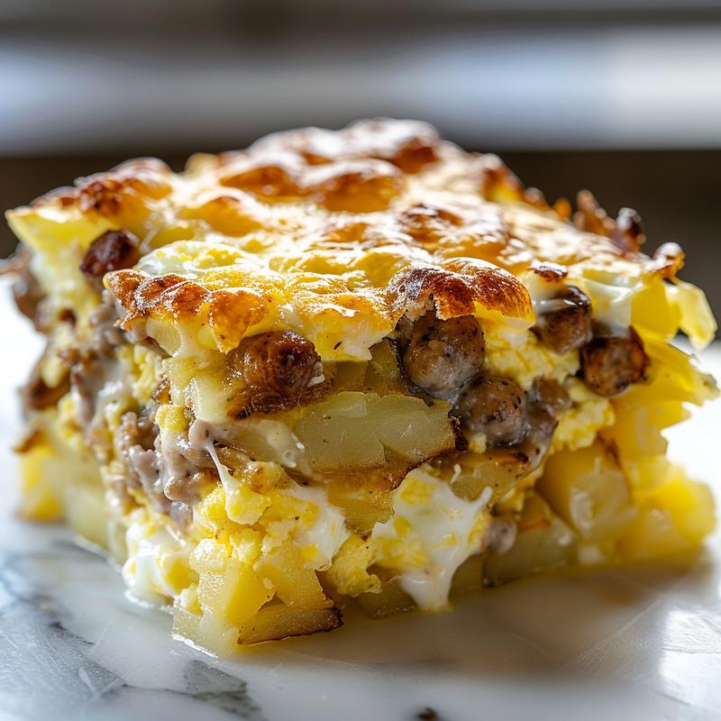 A close-up view of a creamy sausage and egg hashbrown casserole on a white marble surface.