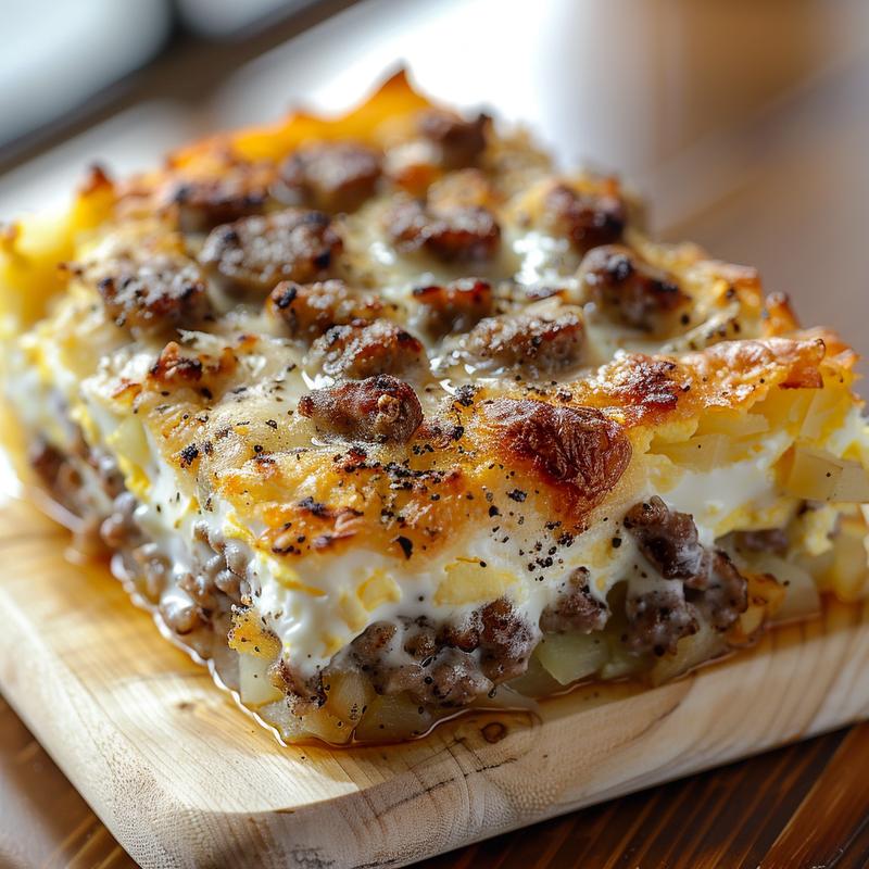 A close-up of a creamy sausage egg and hashbrown casserole on a wood board.