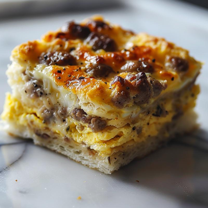 Close-up of a delectable sausage egg biscuit casserole on a marble surface, showcasing its textures.