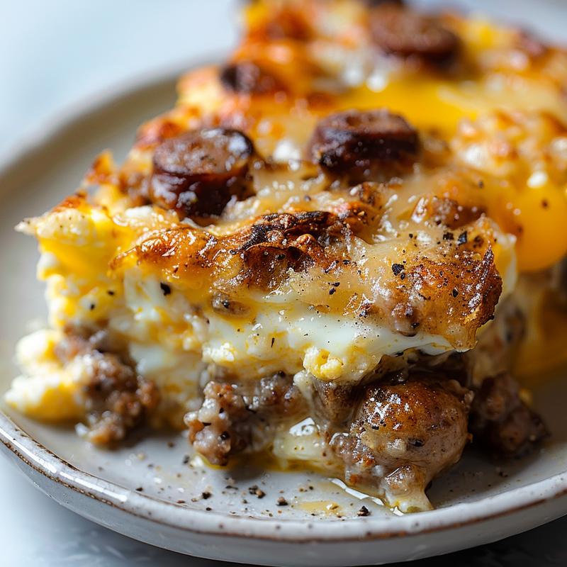 Close-up of a hearty sausage casserole with egg mix on a grey ceramic plate.