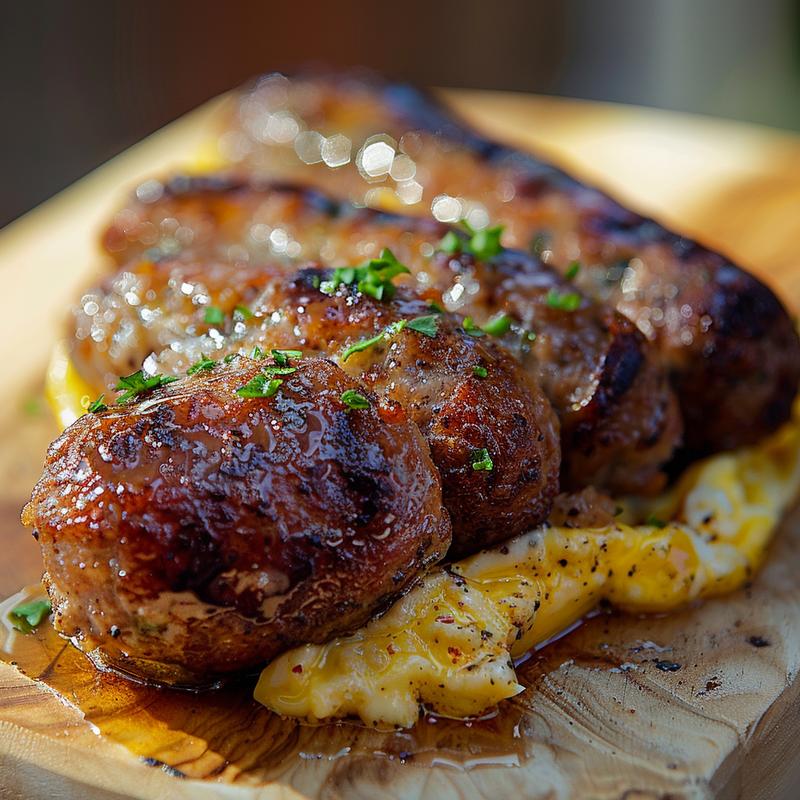A close-up of a hearty sausage casserole featuring a flavorful egg mix on a wooden board.