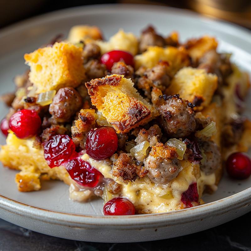 Close-up of a delicious portion of cranberry sausage stuffing breakfast casserole on a grey plate.