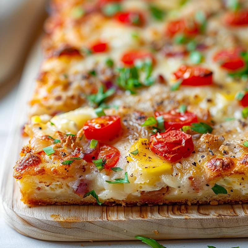 Close-up view of a slice of make-ahead crack breakfast casserole displayed on a light wood board.