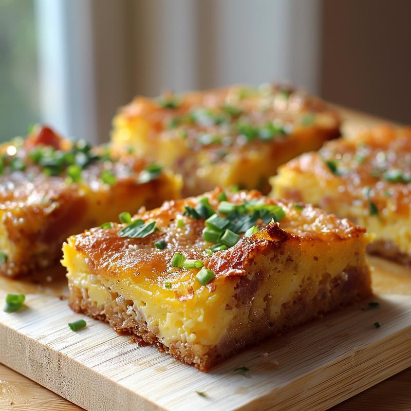 A close-up view of a golden-brown portion of breakfast casserole on a light wood board.