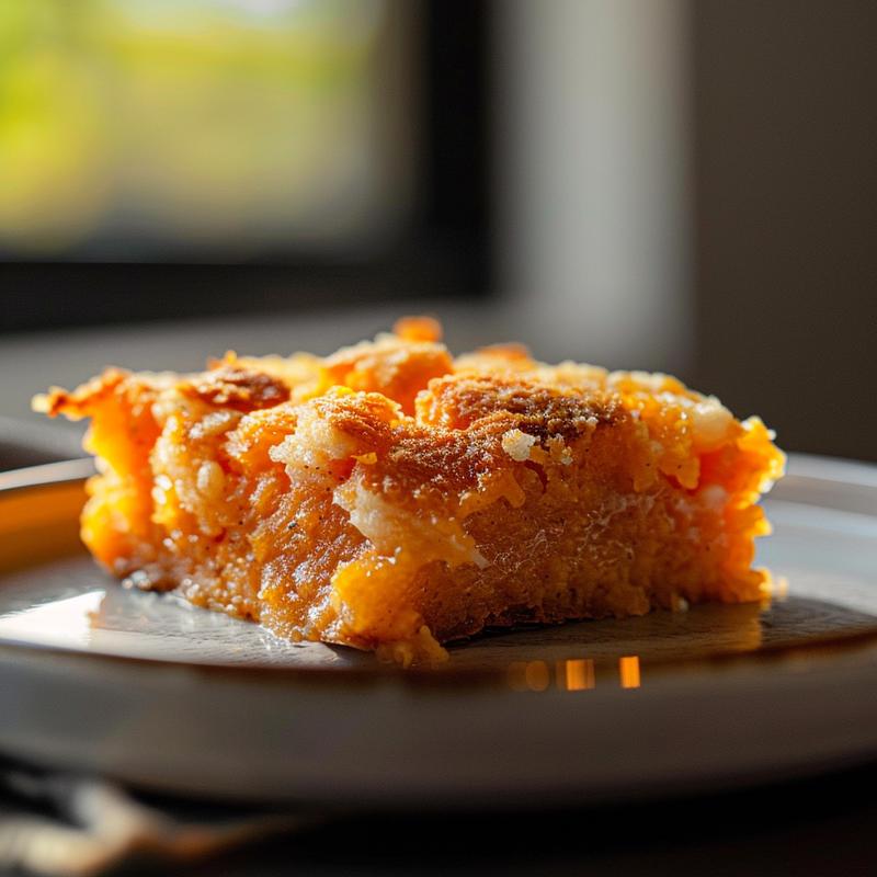 Close-up view of a portion of crack breakfast casserole on a light grey ceramic plate.