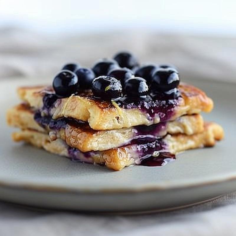 Close-up of a slice of blueberry lemon French toast casserole on a light gray plate.