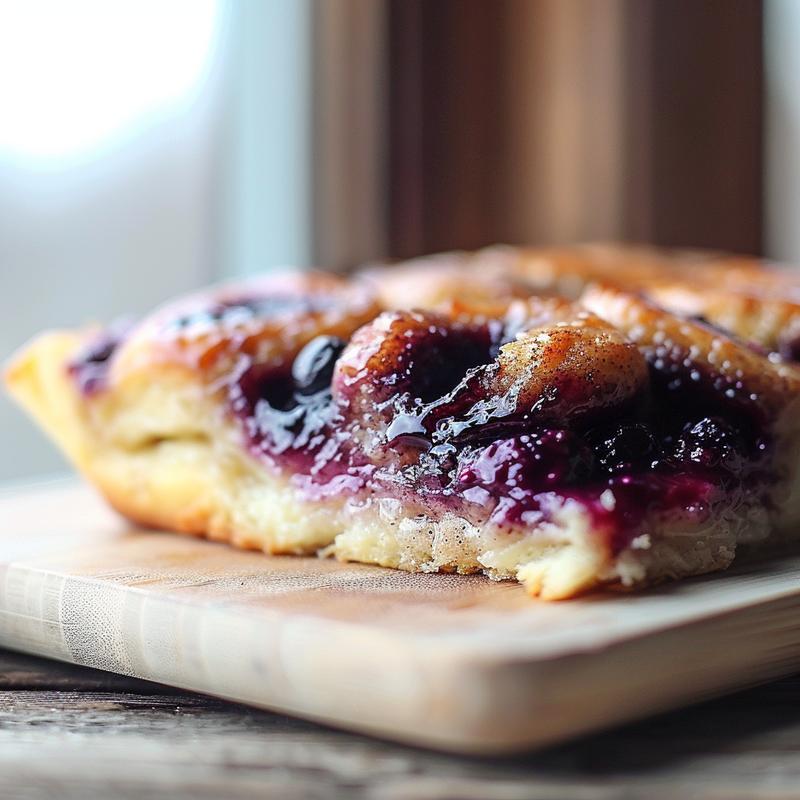 Close-up of a serving of blueberry cinnamon roll casserole on a wood board, showcasing its texture and color.
