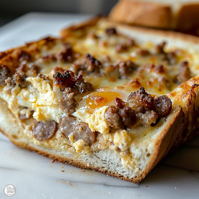 Close-up of a slice of cheesy sausage and egg breakfast casserole on a white marble surface.
