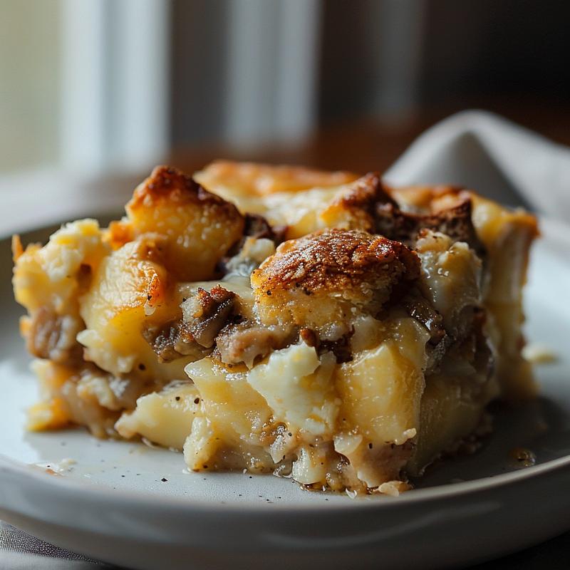 Close-up of a portion of Amish breakfast casserole on a light grey ceramic plate, showcasing its texture.