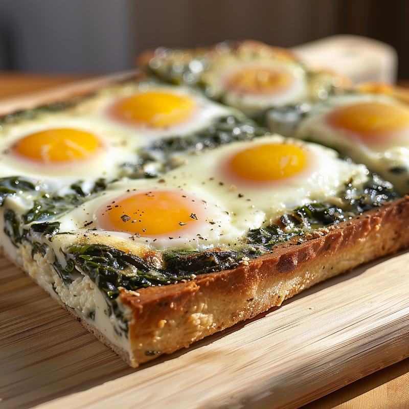 Close-up of a slice of spinach cottage cheese egg bake on a light wooden surface.