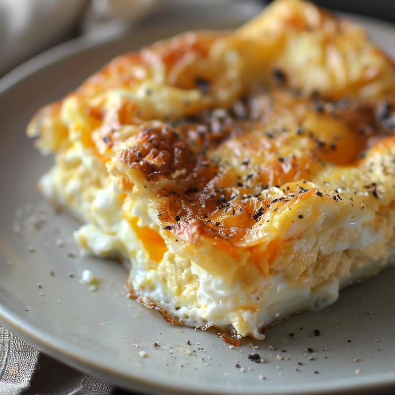 Close-up of creamy cottage cheese egg bake casserole on a light grey plate.
