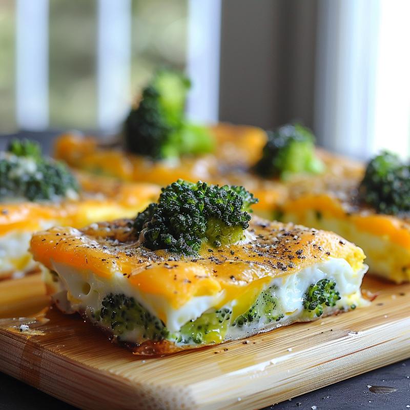 Close-up of a cheesy broccoli egg bake, showcasing its texture on a wooden board.