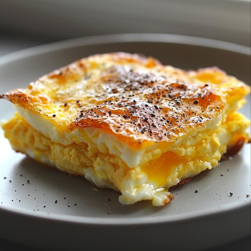 Close-up of a single serve cottage cheese egg bake on a light grey ceramic plate.