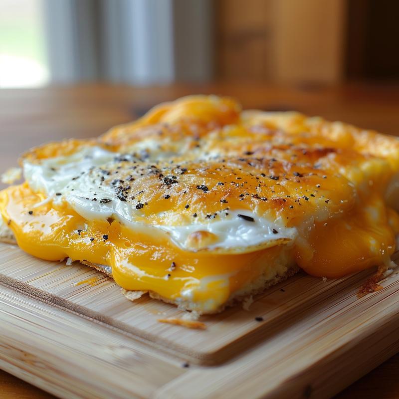 Close-up of a cheesy egg bake portion on a minimalist wood board.