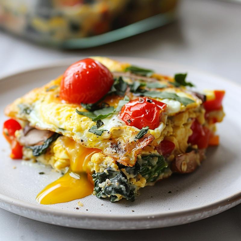 Close-up of a slice of high-protein veggie egg bake on a light grey ceramic plate.