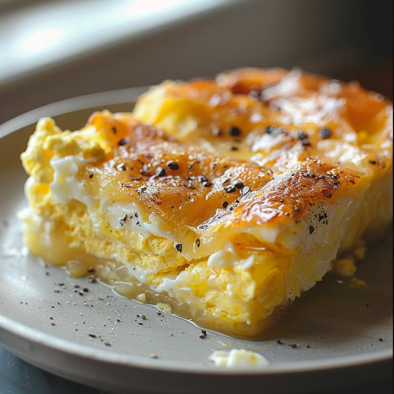 Close-up of a portion of cottage cheese egg bake on a light grey plate.