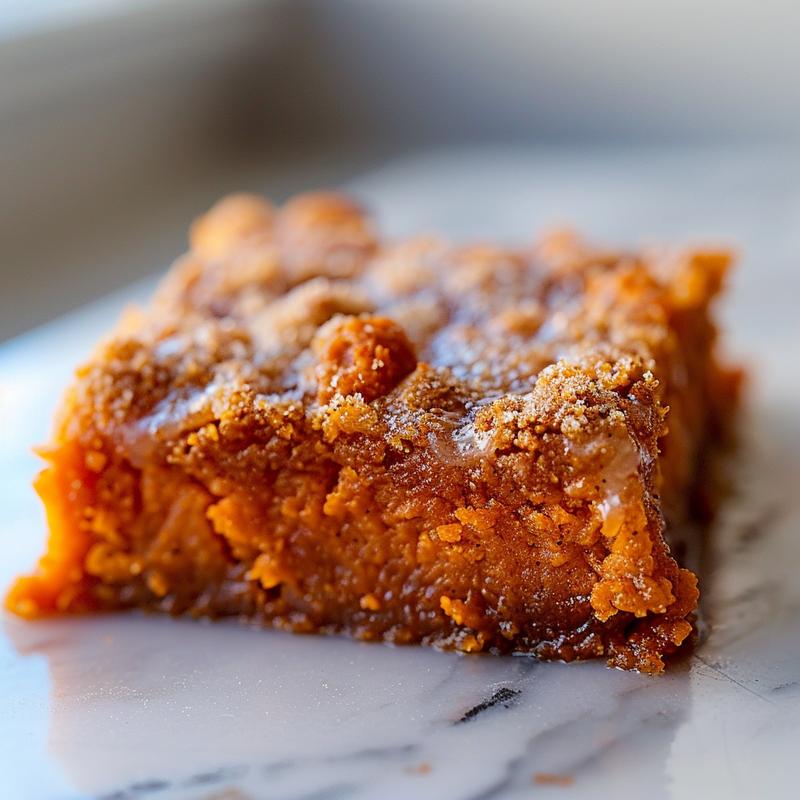 Close-up of a creamy sweet potato casserole with a crispy topping on a white marble surface.