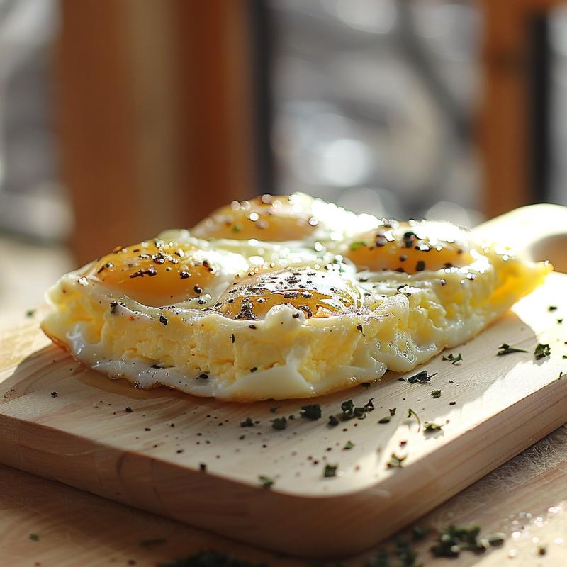 A close-up of a portion of cottage cheese egg bake on a wooden board, highlighting its creamy texture.