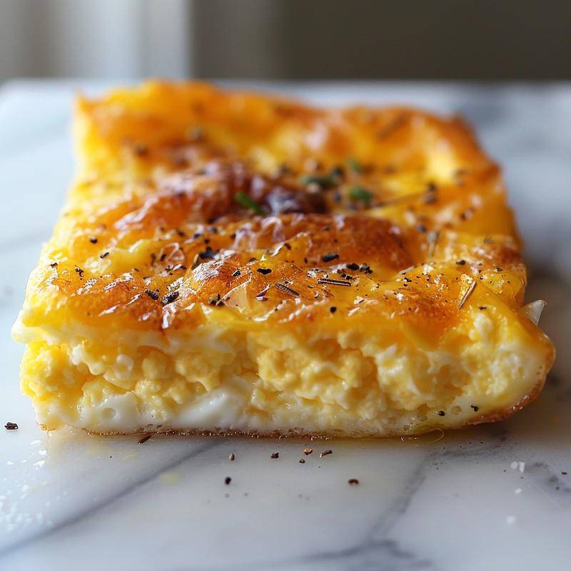 Close-up view of a creamy high protein cottage cheese egg bake on a marble surface.