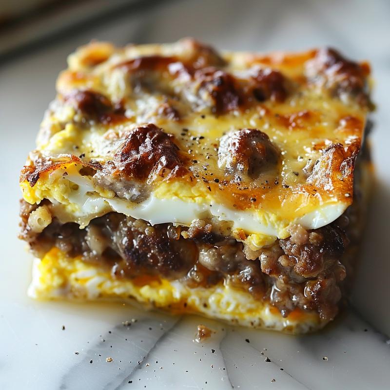 A close-up view of a perfectly baked sausage and egg casserole on a marble surface.
