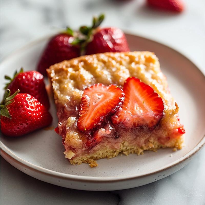 Close-up of a slice of strawberry dump cake topped with fresh strawberries on a white marble plate.