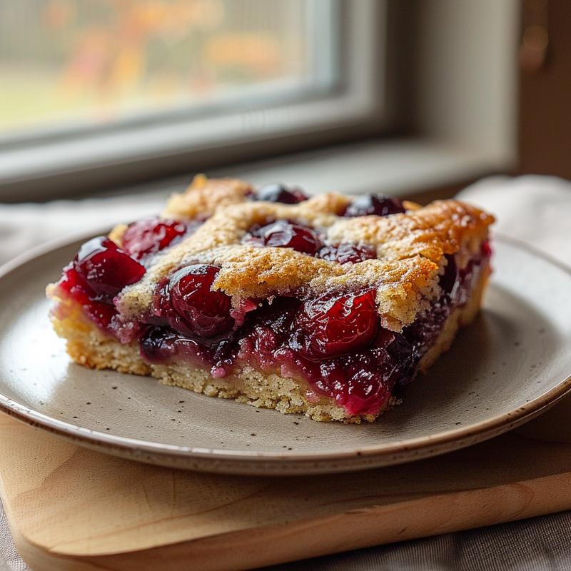 A close-up of a slice of cherry dump cake on a wooden board, highlighting its texture and color.